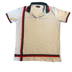 Chuxx Elegant White Patterned Polo Shirt with Red and Green Accents